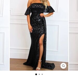 Black Sequin Ruffled Off-Shoulder Gown